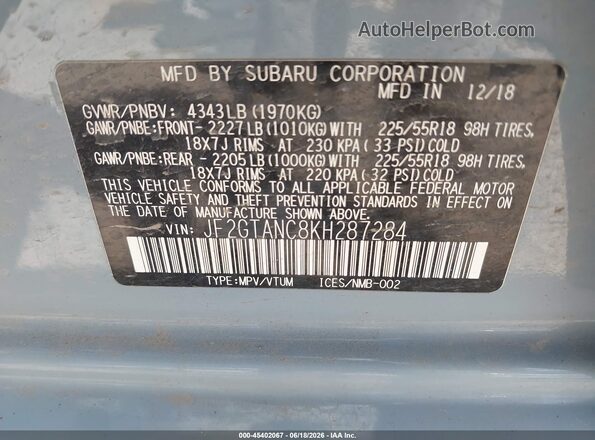 JF2GTANC8KH287284 2019 SUBARU CROSSTREK Light Blue ძრავის განყოფილების ხედი