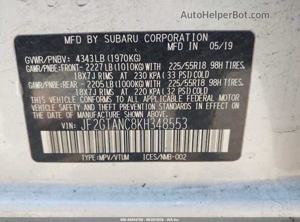 JF2GTANC8KH348553 2019 SUBARU CROSSTREK White Շարժիչի բաժամունքի տեսք