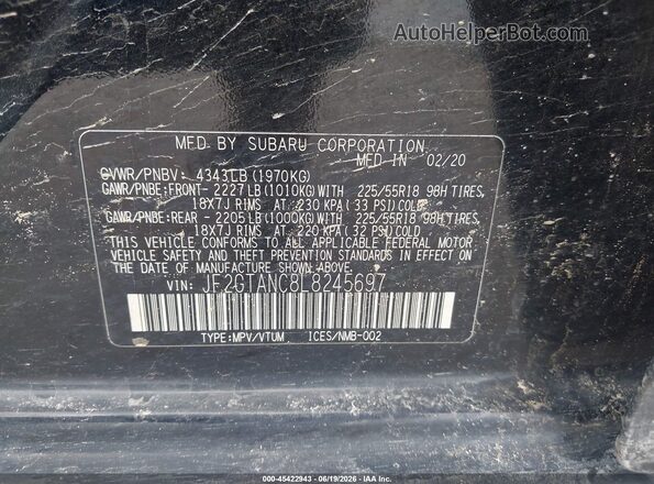 JF2GTANC8L8245697 2020 SUBARU CROSSTREK Black Vista del compartimento del motor