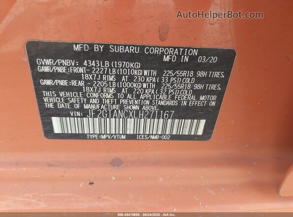 JF2GTANCXLH271167 2020 SUBARU CROSSTREK Orange Շարժիչի բաժամունքի տեսք