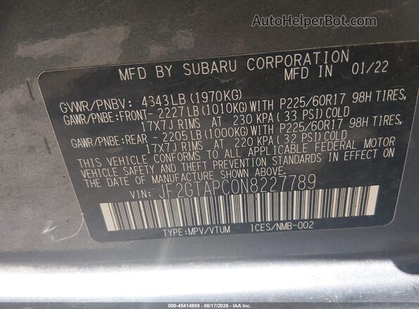 JF2GTAPC0N8227789 2022 SUBARU CROSSTREK Gray Engine compartment view