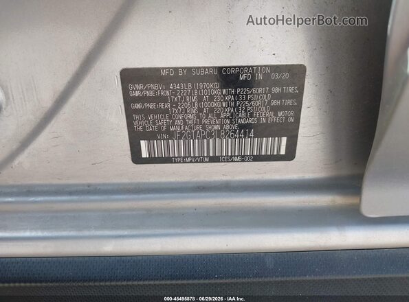 JF2GTAPC3L8264414 2020 SUBARU CROSSTREK Silver Вид підкапотного простору