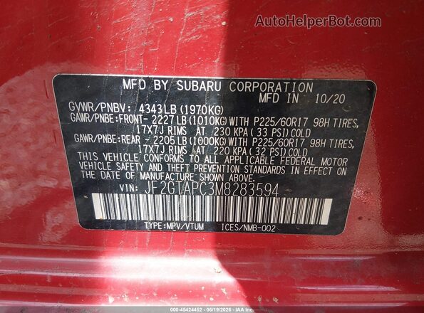 JF2GTAPC3M8283594 2021 SUBARU CROSSTREK Красный Вид подкапотного пространства