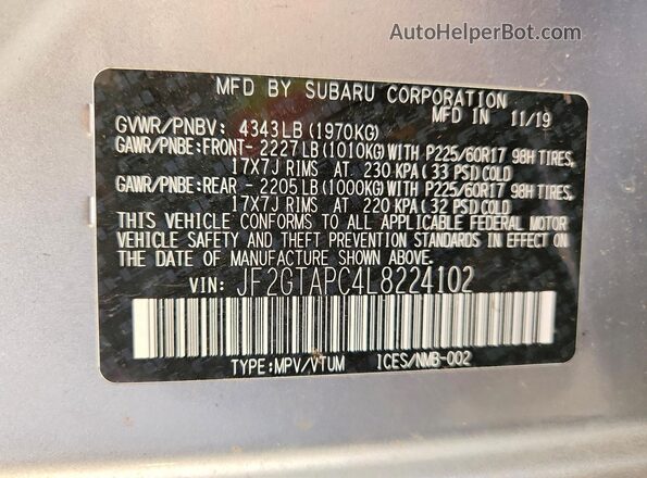 JF2GTAPC4L8224102 2020 SUBARU CROSSTREK Silver VIN sticker view