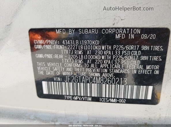 JF2GTAPC4M8260213 2021 SUBARU CROSSTREK White ძრავის განყოფილების ხედი