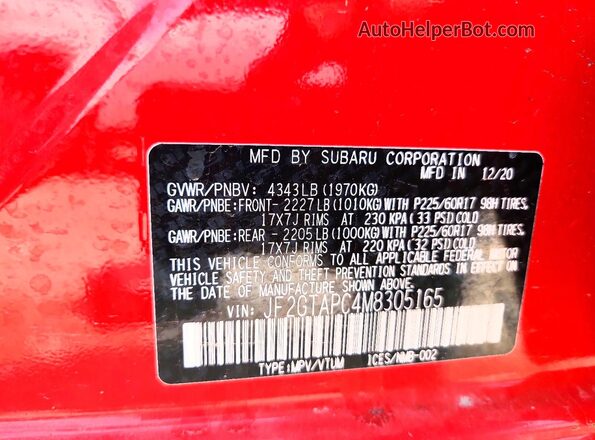JF2GTAPC4M8305165 2021 SUBARU CROSSTREK Red VIN კოდის სტიკერის ხედი
