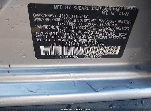 JF2GTAPC4N8251674 2022 SUBARU CROSSTREK Silver Widok komory silnika