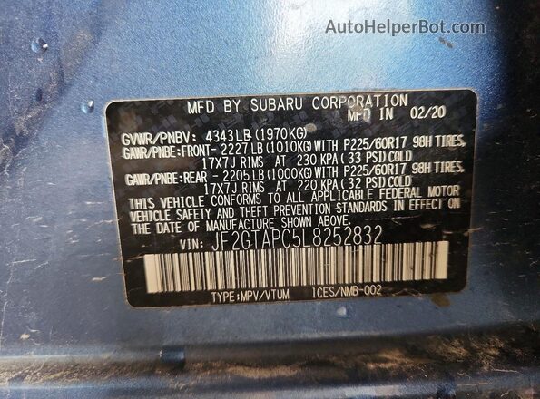 JF2GTAPC5L8252832 2020 SUBARU CROSSTREK Blue სალონის 360-გრადუსიანი ხედი