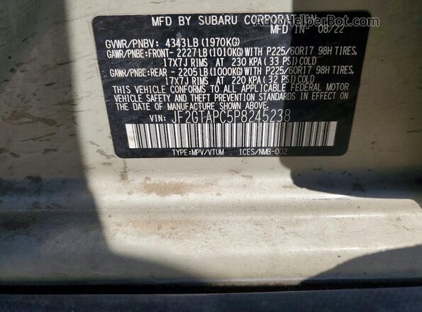 JF2GTAPC5P8245238 2023 SUBARU CROSSTREK Tan VIN sticker view
