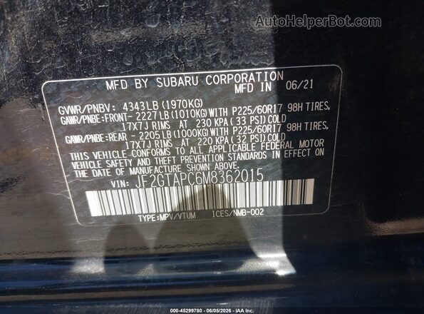 JF2GTAPC6M8362015 2021 SUBARU CROSSTREK Black Вид підкапотного простору