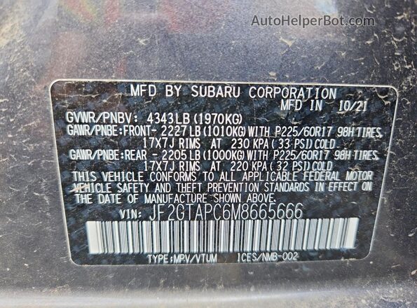 JF2GTAPC6M8665666 2021 SUBARU CROSSTREK Gray 