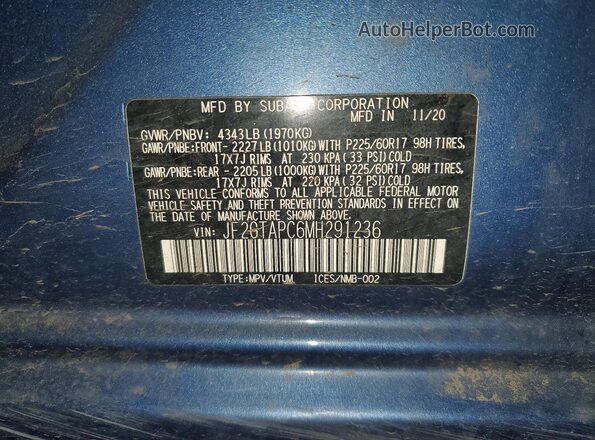 JF2GTAPC6MH291236 2021 SUBARU CROSSTREK Blue 