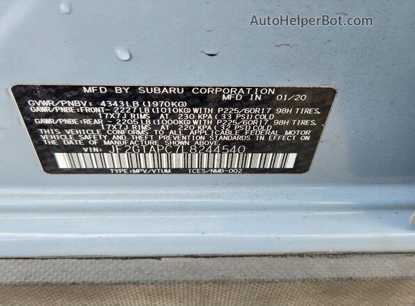 JF2GTAPC7L8244540 2020 SUBARU CROSSTREK Blue Вид наклейки з VIN-кодом