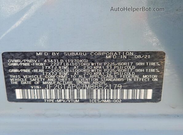 JF2GTAPC7M8652179 2021 SUBARU CROSSTREK Blue Widok naklejki z numerem VIN