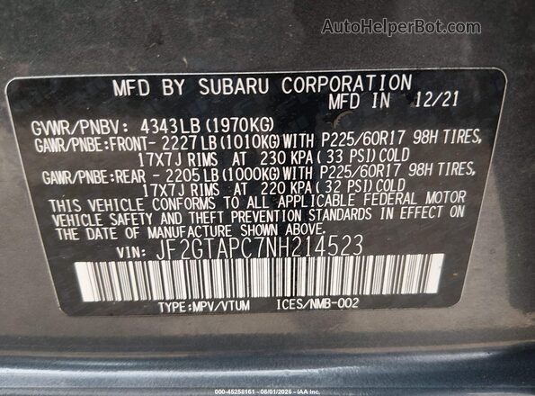 JF2GTAPC7NH214523 2022 SUBARU CROSSTREK Серый Вид подкапотного пространства