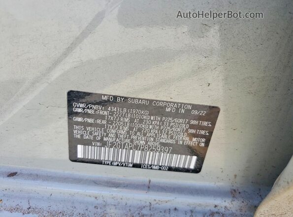JF2GTAPC7P8259397 2023 SUBARU CROSSTREK Gray VIN կոդի պիտակի տեսք
