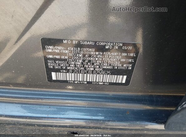 JF2GTAPC8L8258625 2020 SUBARU CROSSTREK Gray Engine compartment view