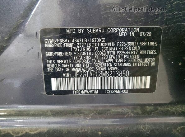 JF2GTAPC8M8213850 2021 SUBARU CROSSTREK Угольный 