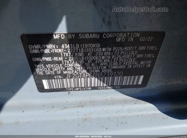 JF2GTAPC8N8239320 2022 SUBARU CROSSTREK Teal ძრავის განყოფილების ხედი