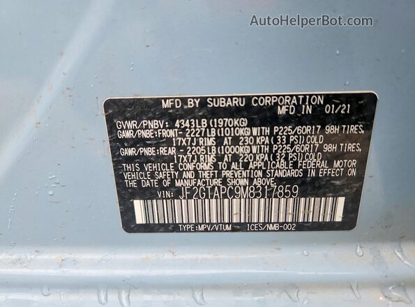 JF2GTAPC9M8317859 2021 SUBARU CROSSTREK Blue 