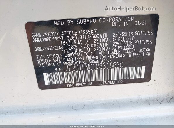 JF2GTHMC1M8315830 2021 SUBARU CROSSTREK White 