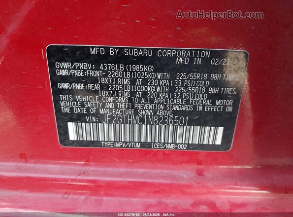 JF2GTHMC1N8236501 2022 SUBARU CROSSTREK Red Widok komory silnika