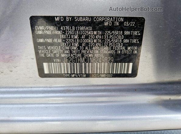 JF2GTHMC1N8249829 2022 SUBARU CROSSTREK Silver VIN sticker view