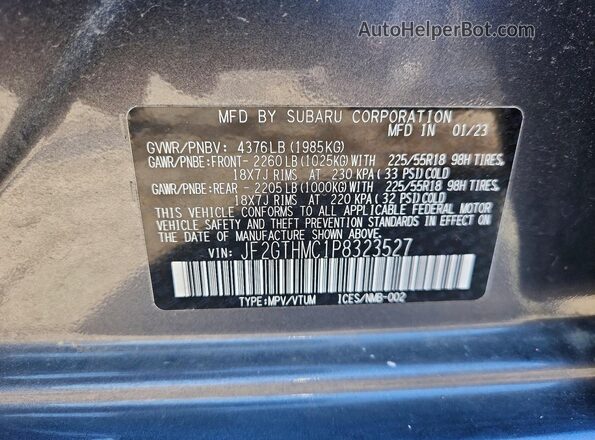 JF2GTHMC1P8323527 2023 SUBARU CROSSTREK Gray Widok naklejki z numerem VIN