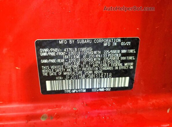 JF2GTHMC2MH314718 2021 SUBARU CROSSTREK Red 