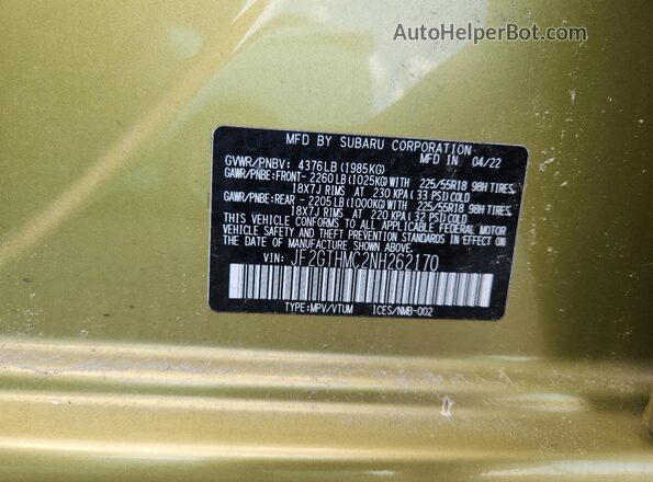 JF2GTHMC2NH262170 2022 SUBARU CROSSTREK Green 