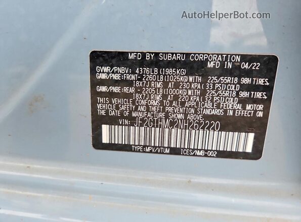 JF2GTHMC2NH262220 2022 SUBARU CROSSTREK Blue Widok komory silnika