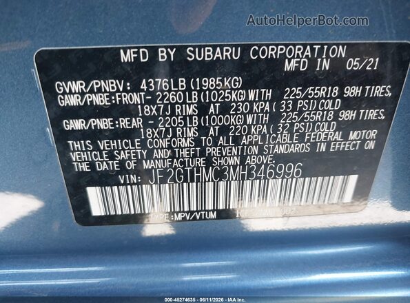 JF2GTHMC3MH346996 2021 SUBARU CROSSTREK Blue Vista del compartimento del motor