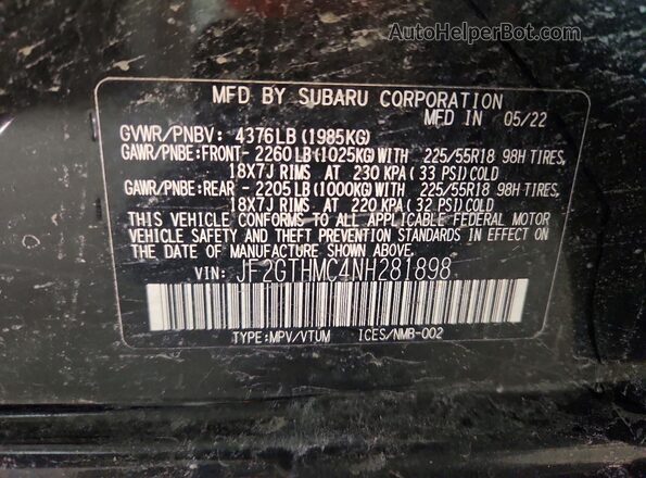 JF2GTHMC4NH281898 2022 SUBARU CROSSTREK Black Вид наклейки з VIN-кодом