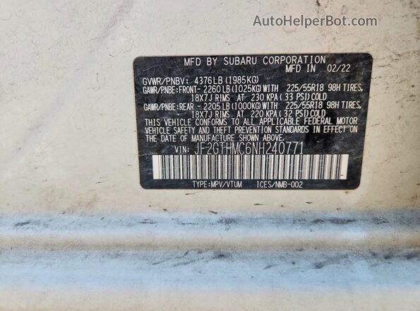 JF2GTHMC6NH240771 2022 SUBARU CROSSTREK White Widok naklejki z numerem VIN