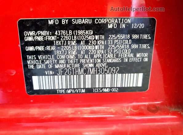 JF2GTHMC7MH305092 2021 SUBARU CROSSTREK Red Սալոնի 360 աստիճան տեսք