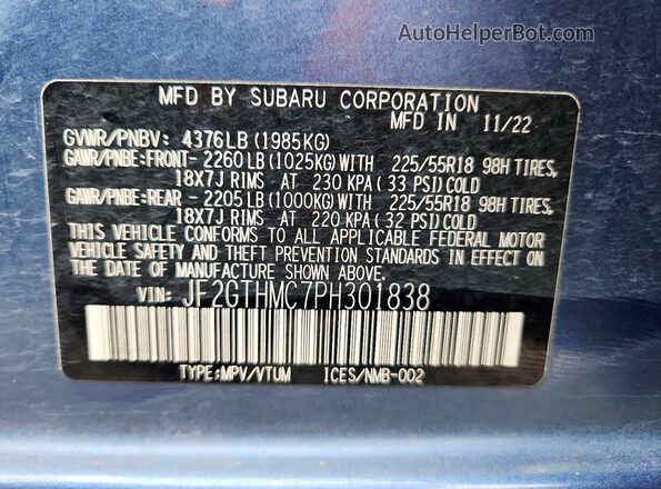 JF2GTHMC7PH301838 2023 SUBARU CROSSTREK Blue VIN կոդի պիտակի տեսք
