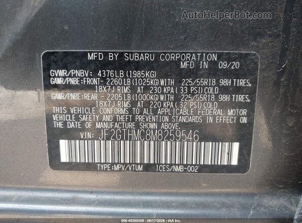 JF2GTHMC8M8259546 2021 SUBARU CROSSTREK Gray Vista del compartimento del motor
