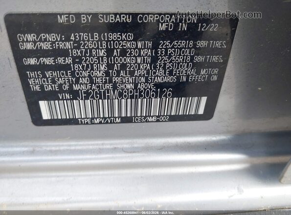 JF2GTHMC8PH306126 2023 SUBARU CROSSTREK Серебряный Вид подкапотного пространства