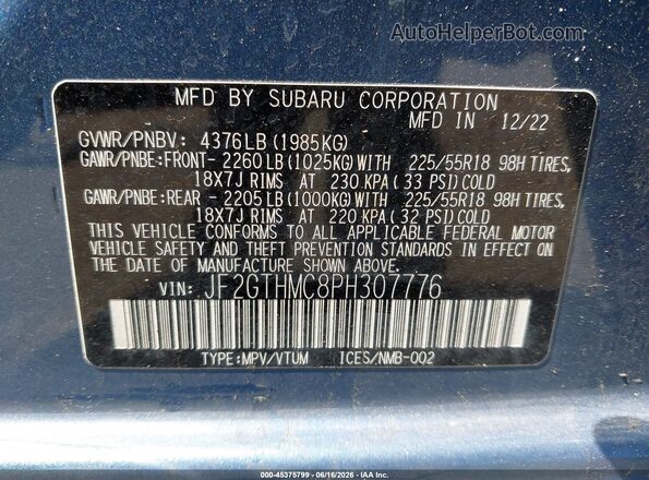 JF2GTHMC8PH307776 2023 SUBARU CROSSTREK Blue Вид підкапотного простору