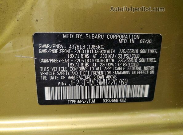 JF2GTHMC9MH220769 2021 SUBARU CROSSTREK Yellow 