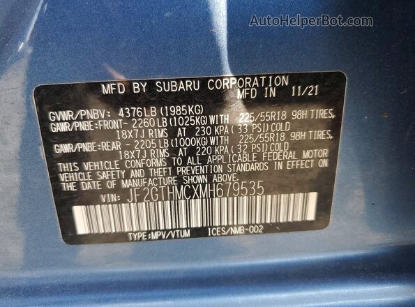 JF2GTHMCXMH679535 2021 SUBARU CROSSTREK Blue 