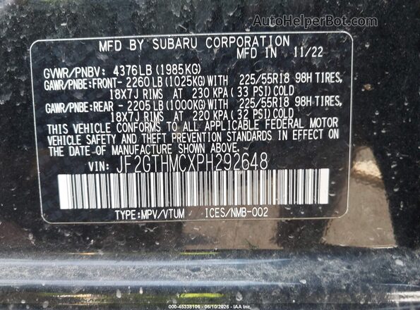 JF2GTHMCXPH292648 2023 SUBARU CROSSTREK Black Engine compartment view