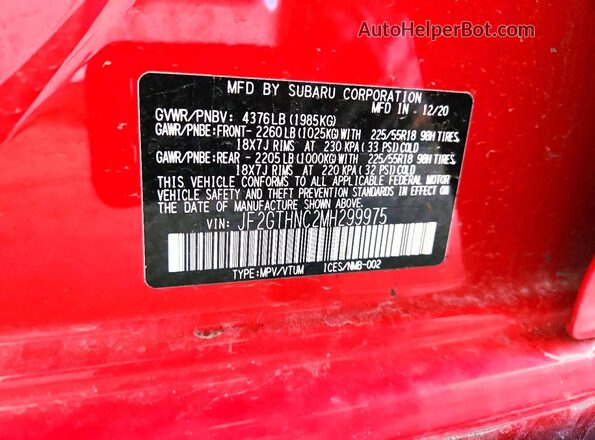 JF2GTHNC2MH299975 2021 SUBARU CROSSTREK Red VIN կոդի պիտակի տեսք
