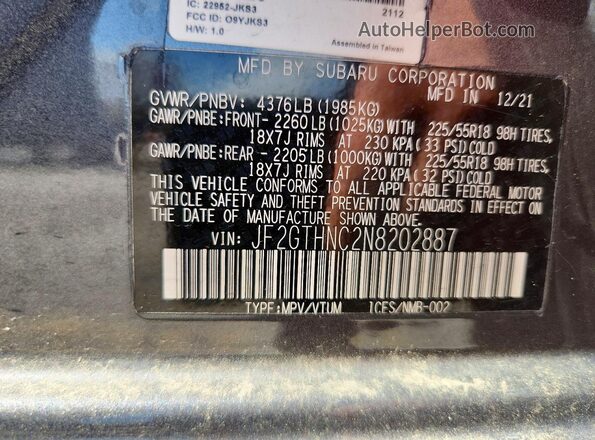 JF2GTHNC2N8202887 2022 SUBARU CROSSTREK Gray Vista de la etiqueta del VIN