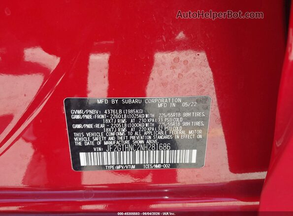 JF2GTHNC2NH281686 2022 SUBARU CROSSTREK Красный Вид подкапотного пространства