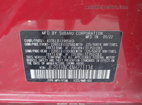 JF2GTHNC4NH221134 2022 SUBARU CROSSTREK Red Engine compartment view