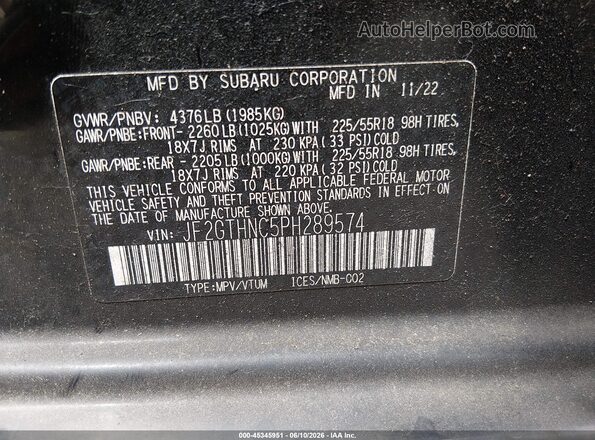 JF2GTHNC5PH289574 2023 SUBARU CROSSTREK Black Engine compartment view