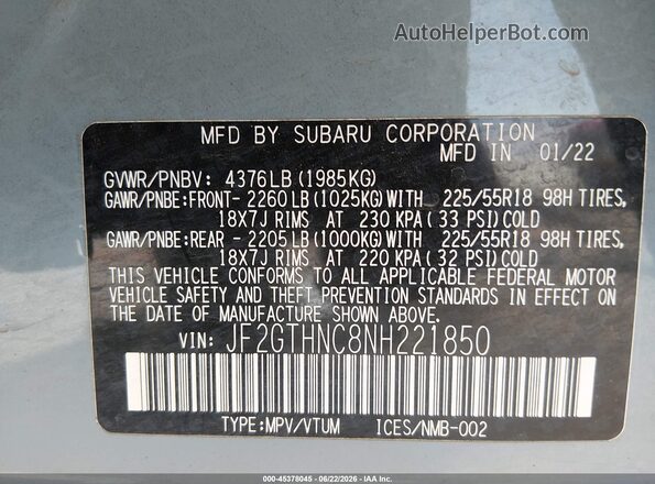 JF2GTHNC8NH221850 2022 SUBARU CROSSTREK Light Blue Engine compartment view