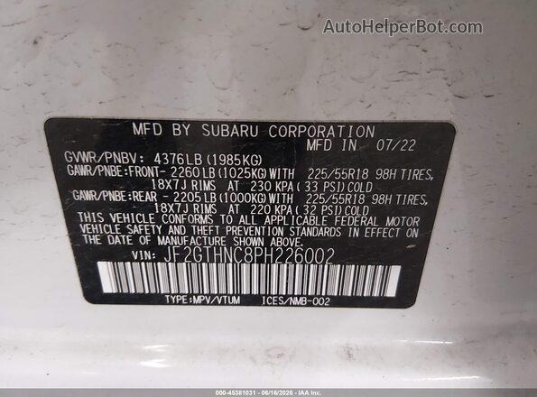 JF2GTHNC8PH226002 2023 SUBARU CROSSTREK White Շարժիչի բաժամունքի տեսք