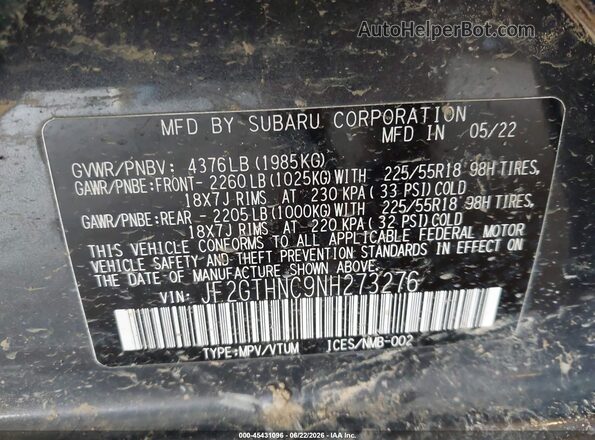 JF2GTHNC9NH273276 2022 SUBARU CROSSTREK Серый Вид подкапотного пространства